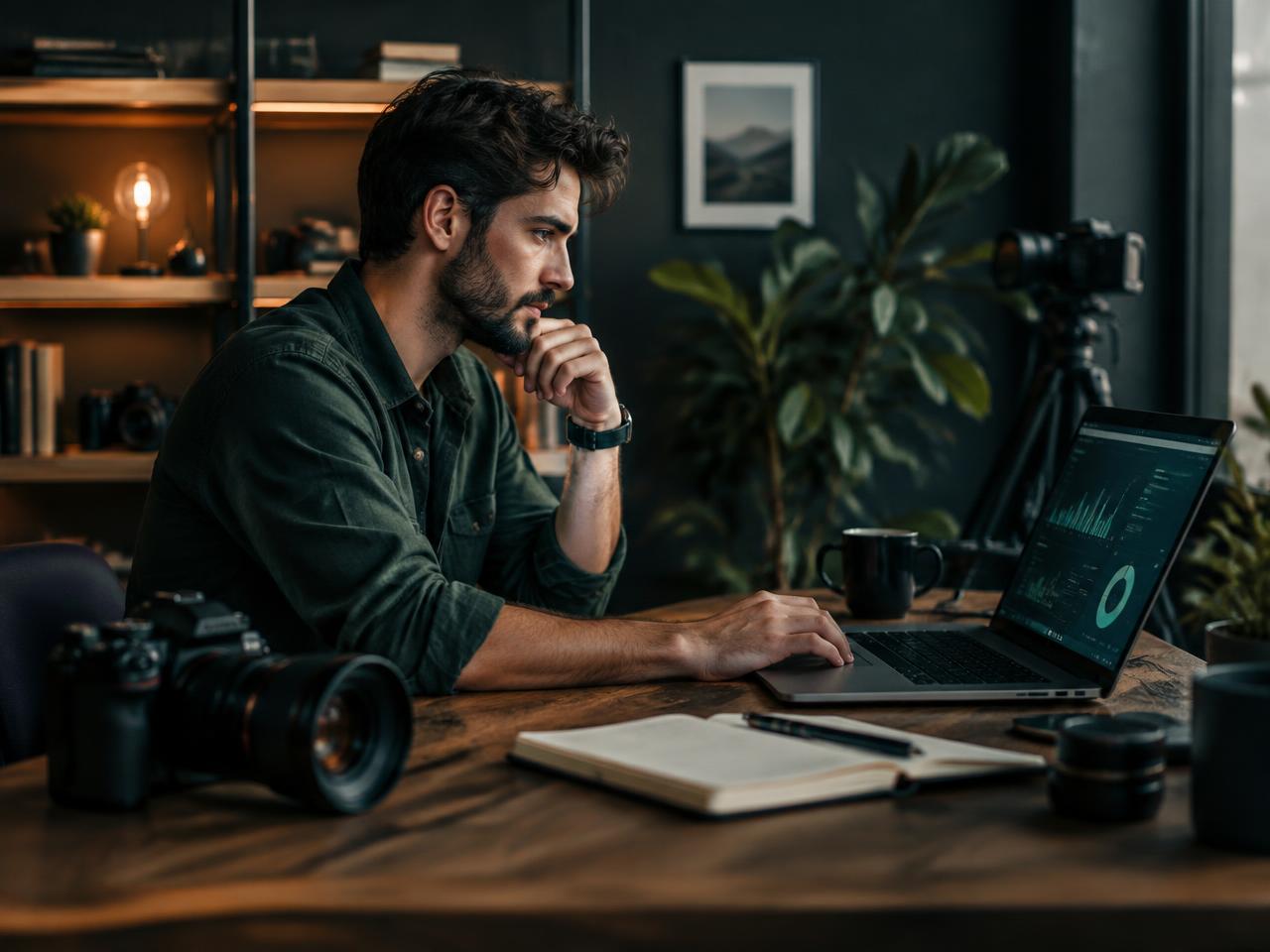 Creator reviewing business analytics in a studio